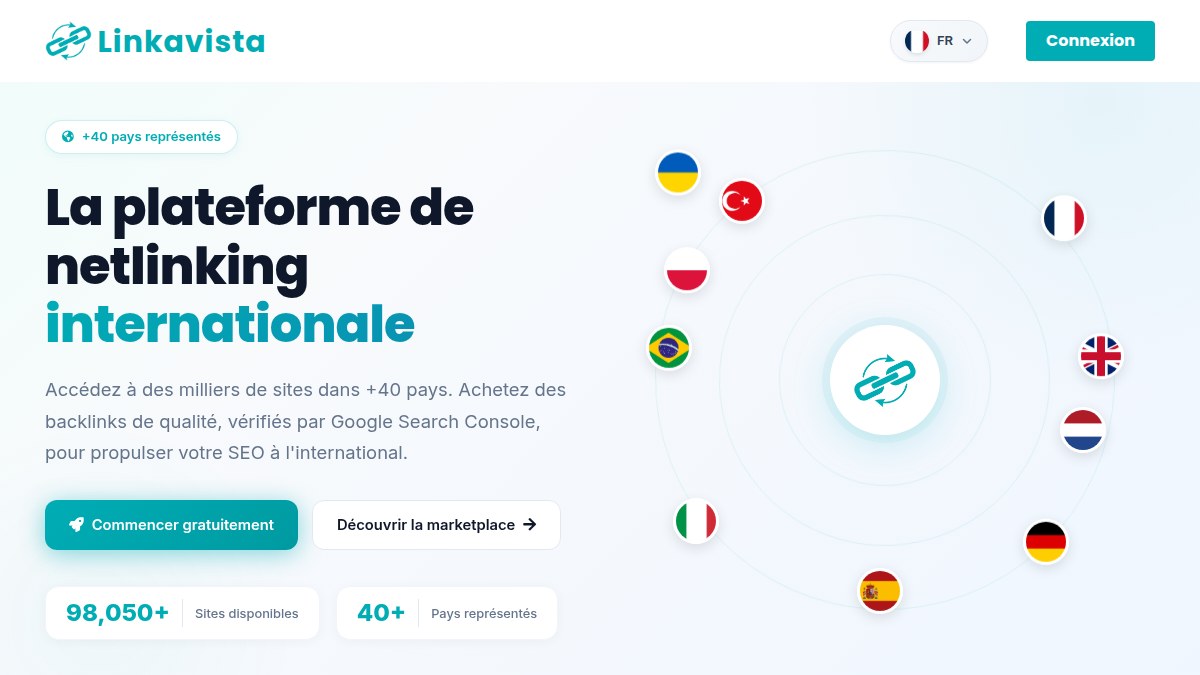 Page d'accueil de Linkavista : « La plateforme de netlinking internationale », 98 050+ sites disponibles et 40+ pays représentés