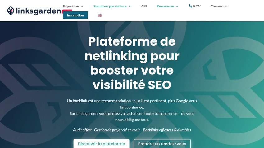Page d'accueil de Linksgarden : « Plateforme de netlinking pour booster votre visibilité SEO », avec les boutons Découvrir la plateforme et Prendre un rendez-vous