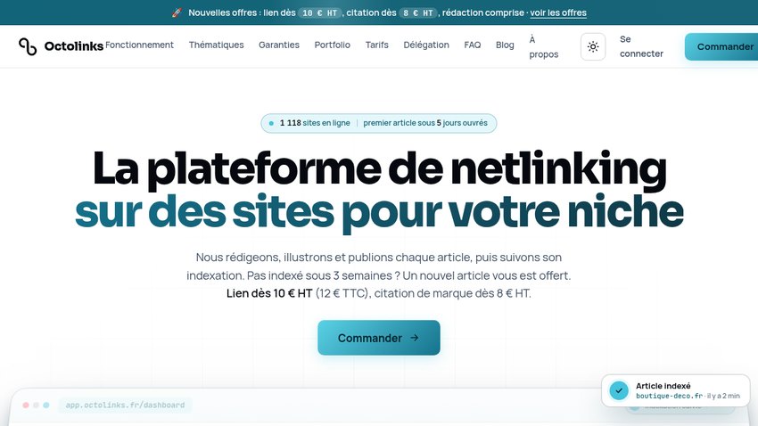 Page d'accueil d'Octolinks : « La plateforme de netlinking sur des sites pour votre niche », 1 118 sites en ligne et premier article sous 5 jours ouvrés