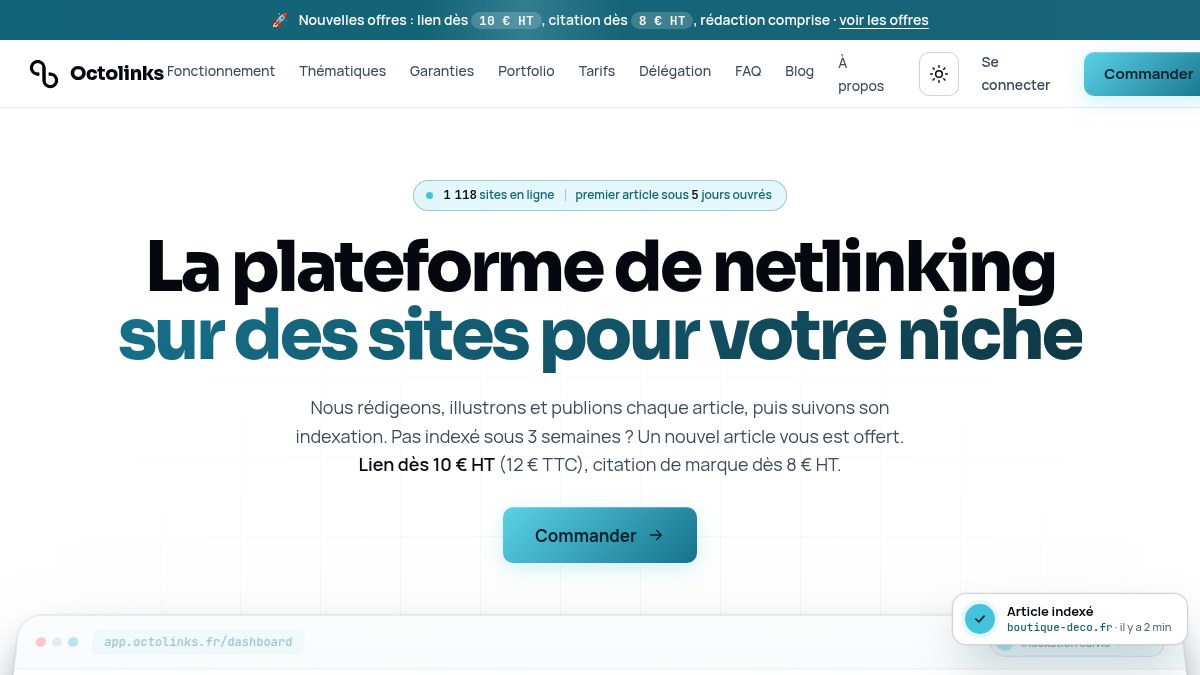 Page d'accueil d'Octolinks : « La plateforme de netlinking sur des sites pour votre niche », 1 118 sites en ligne et premier article sous 5 jours ouvrés