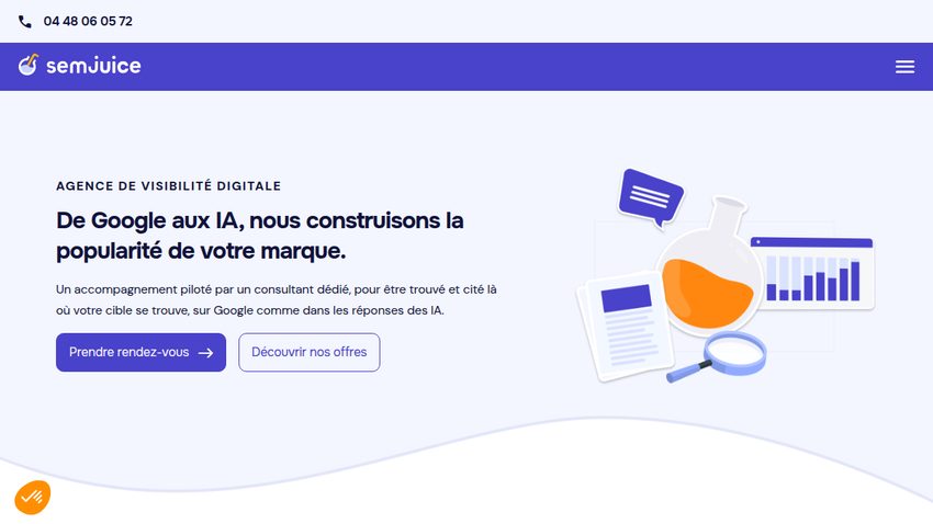 Page d'accueil de Semjuice : « De Google aux IA, nous construisons la popularité de votre marque », avec les boutons Prendre rendez-vous et Découvrir nos offres